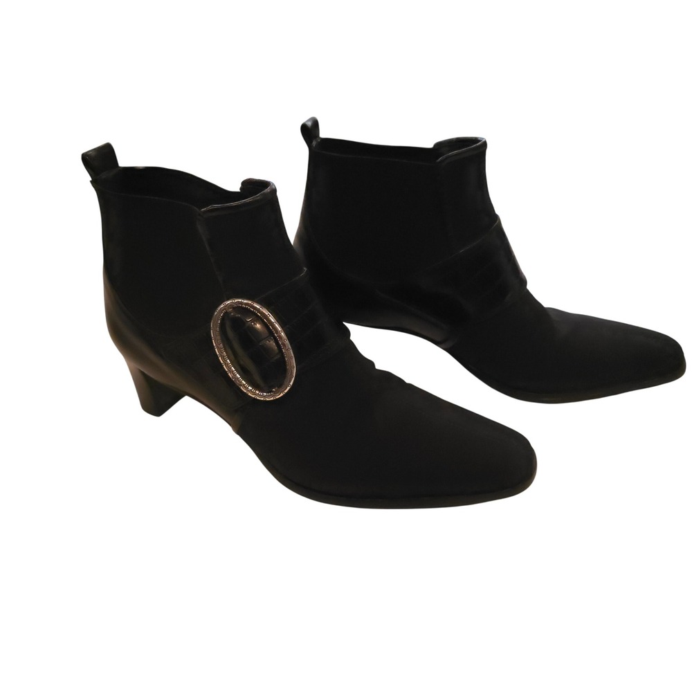 Brighton Trevor Black Leather Ankle Boots Women's 7M Buckle Heels Made in Brazil